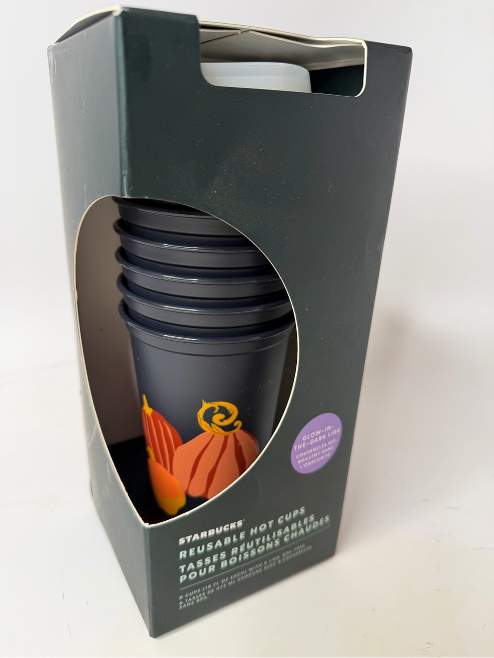 Starbucks Black Reusable Hot Cups with Orange Pumpkin Design